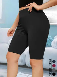 Plus Size Solid High Waist Short Leggings, Casual Comfy Breathable Skinny Shorts for Yoga Gym Workout Running, Summer Outfits 2024, Women's Bottoms for Summer, High Stretch Shorts