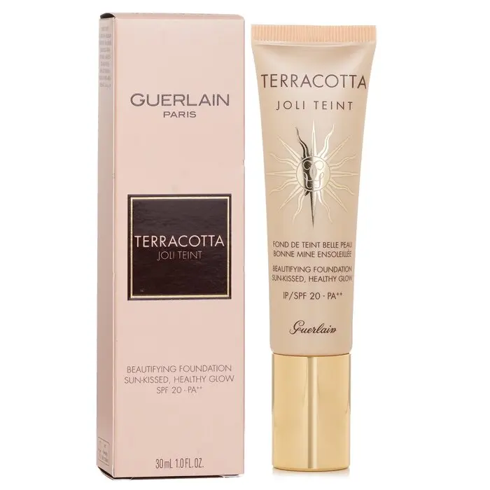 Guerlain Terracotta Joli Teint Beautifying Cosmetic Foundation, Lightweight Bronzing Makeup with SPF 20, #Ebony, 30ml/1oz Sunscreen