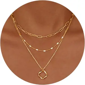 Layered 14k Gold Plated Necklaces for Women Stackable Silver Plated Circle Paperclip Chain Pendant Choker Necklace Set For Woman