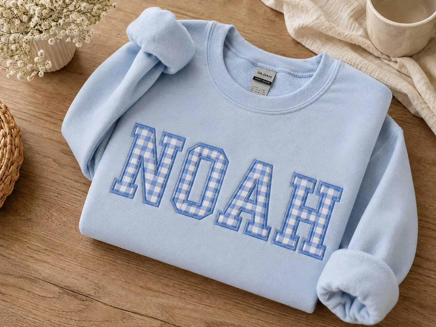 Custom Gingham Applique Sweatshirt, Personalized Name Crewneck, Varsity Letter Embroidered Sweatshirt, Custom Gift