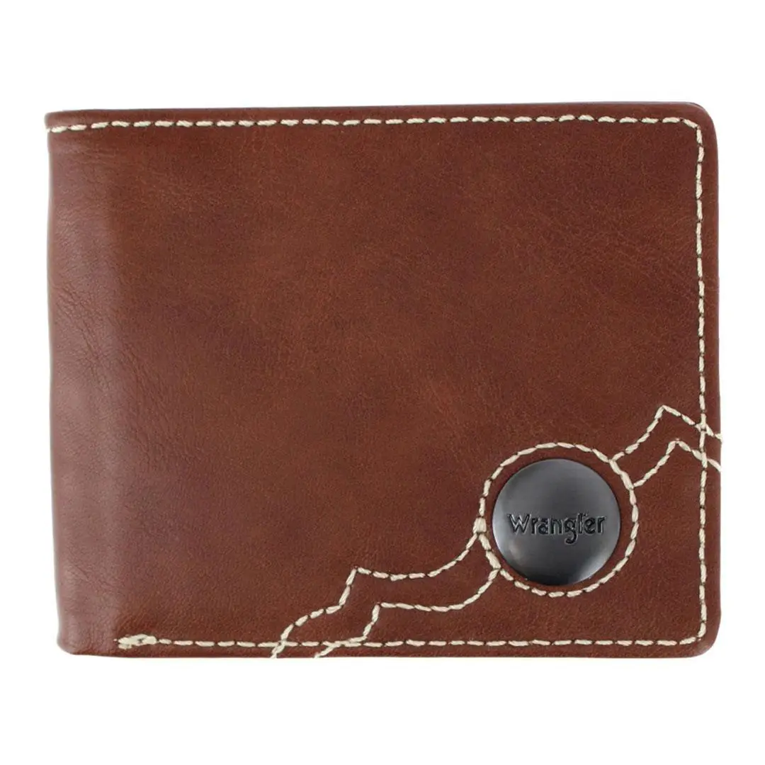 Wrangler Men's Bifold Wallet, Western Style Durable Fashion Wallet in Faux Leather with Embroidery, Slim Multi-Compartment Design, Male Wallet