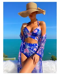 Women's 3 Piece Swimsuit Floral Push Up Bikini Set with Cover Up, High Waist Bathing Suit Beachwear Blue Size Medium