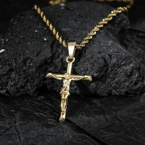 Men's 14-Gold Plated Stainless Steel Rope Chain Cross Pendant Necklace with Clasp - Dainty Gold Tone Jewelry, Spiritual Christian Accessory, Pendant with Necklace Gift