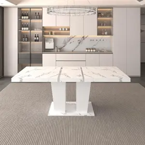 Extendable Dining Room Table for 6-10 Modern White Faux Marble Wooden Expandable Kitchen Table w/Dual Column Pedestal Base, Large Rectangle Dining Table（without chairs）