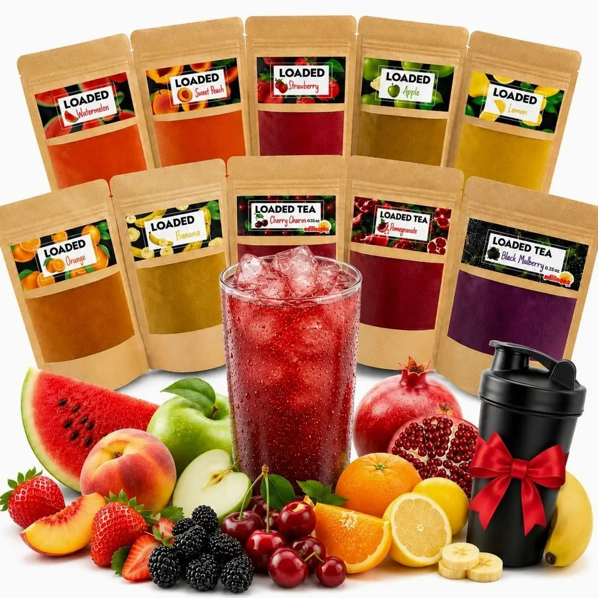 Loaded Tea Pack Mixed Flavors, Includes Shaker, 10 x 10g (0.35 oz), Each Makes 50 fl oz (1.5 Liters), 10 Fruity Flavors, Premium Iced Energy Tea Drink