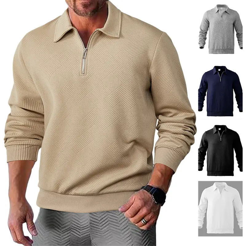 Men's American Preppy Business Long-Sleeve Sweatshirt, Diamond Jacquard Texture, Turn-Down Collar, Half-Zip Closure, Ribbed Hem, Slim Fit, Smooth Drape, Warm, Solid Color Textured Fabric - Ideal for Office, Golf
