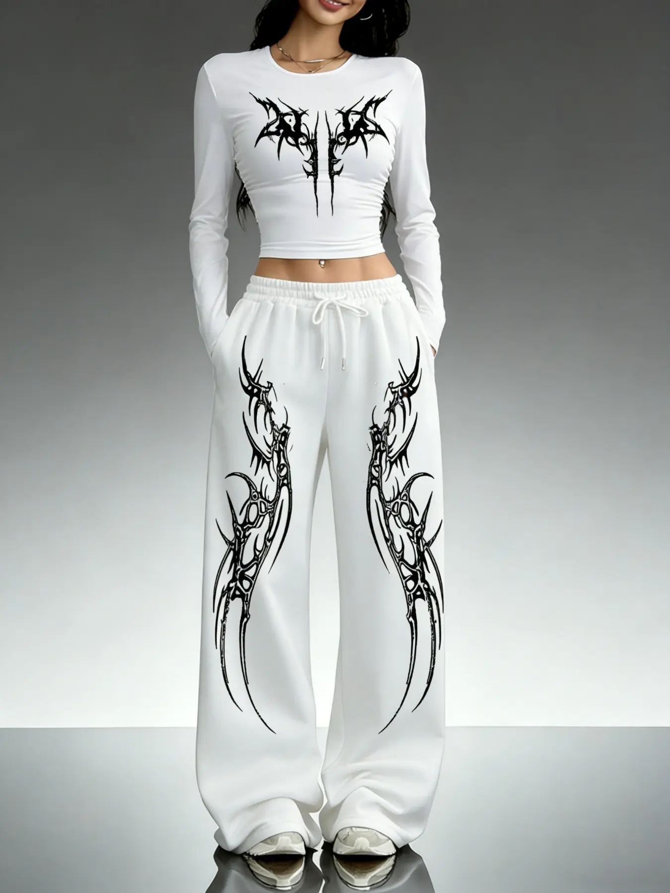 Women's Casual Two-Piece Set, Round Neck Slim Fit Long Sleeve Top + Loose Pants, Gothic Print, Perfect for All Seasons, Must-Have, Matching Clothing Set