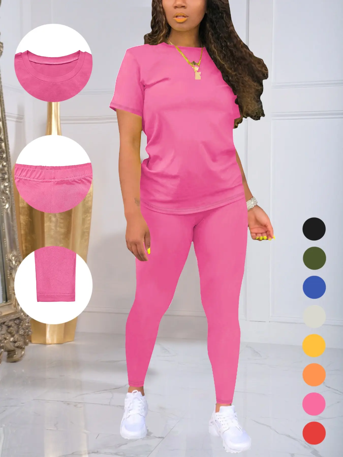 Women's Casual Everyday Simple Basic Minimalist Crewneck Short Sleeve Long Pants Set, Summer Lounge Sets, Fitted Slimming, Comfortable Summer Wear, Stylish Ladies Clothing, Summer Outfit Set