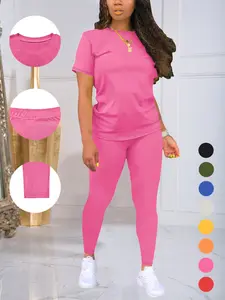 Women's Casual Everyday Simple Basic Minimalist Crewneck Short Sleeve Long Pants Set, Summer Lounge Sets, Fitted Slimming, Comfortable Summer Wear, Stylish Ladies Clothing