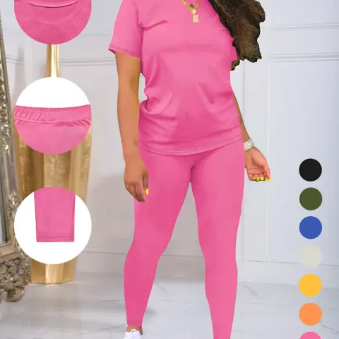 Women's Casual Everyday Simple Basic Minimalist Crewneck Short Sleeve Long Pants Set, Summer Lounge Sets, Fitted Slimming, Comfortable Summer Wear, Stylish Ladies Clothing, Summer Outfit Set