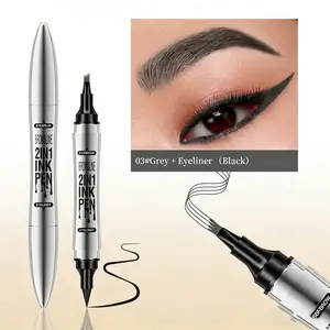 Double-ended Liquid Eyebrow Pencil 03#Grey 2-in-1 Microblading Pen with Eyeliner for Natural Brows