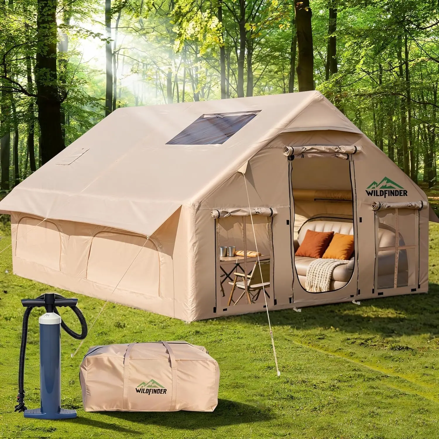 4 Season Inflatable Camping Tent with Stove Jack, Spacious Air Tent with Pump, Waterproof Oxford Shelter for Family Camping