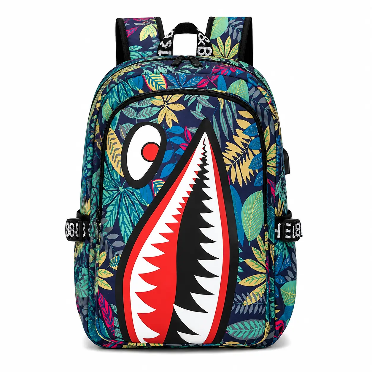 Sprayground Tropical Plant Leaf Shark Face Graphic Backpack, Lightweight Rucksack with USB Port for Youth Boys, Outdoor Travel School Functional Bag