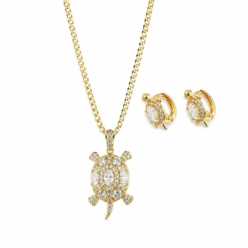 Cuban Chain with Turtle Set of Earrings and Pendant 3 mm Thick Gold Plated Jewelry Set for Women