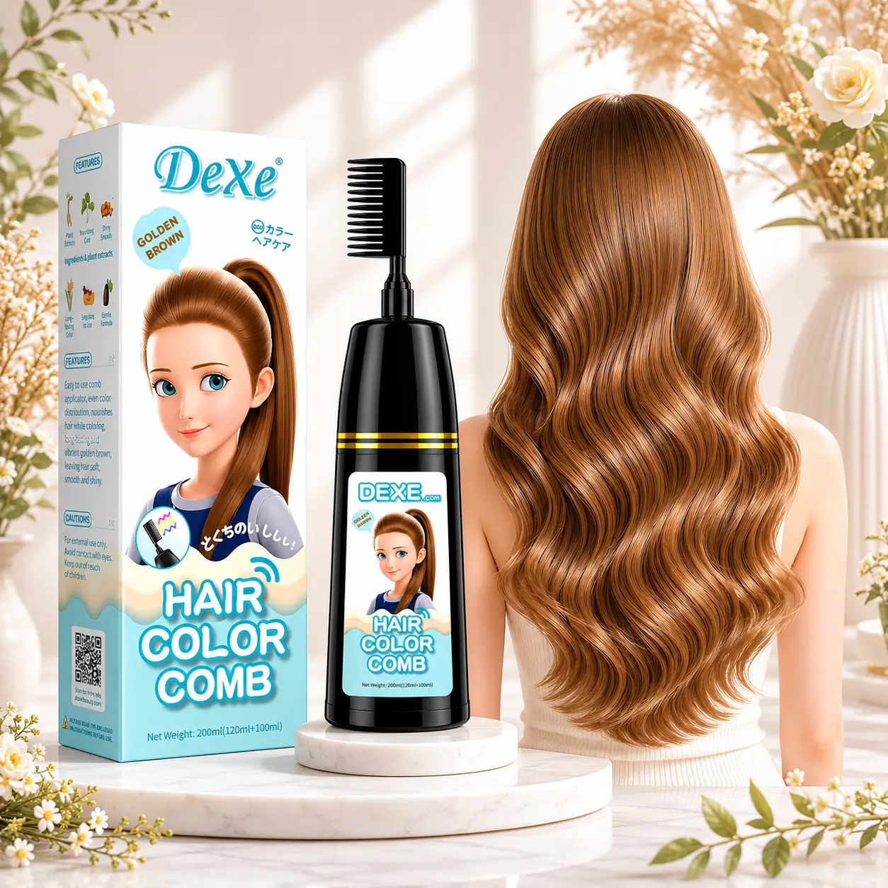 Home Use Integrated Comb Semi-Permanent Hair Dye Cream - Plant Essence, Mild, No Damage, Long-Lasting Fade-Resistant, Ash Brown & Ash Blonde Highlights Color Fixation Haircolor Haircare