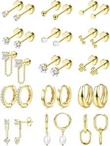 Flat Back Earrings for Women Hypoallergenic Surgical Steel Earrings for Sensitive Ears-20G Cartilage Earring Stacks 14K Gold Plated Hoops Flatback Stud Earring Sets for Multiple Piercing Earring Stacking Set