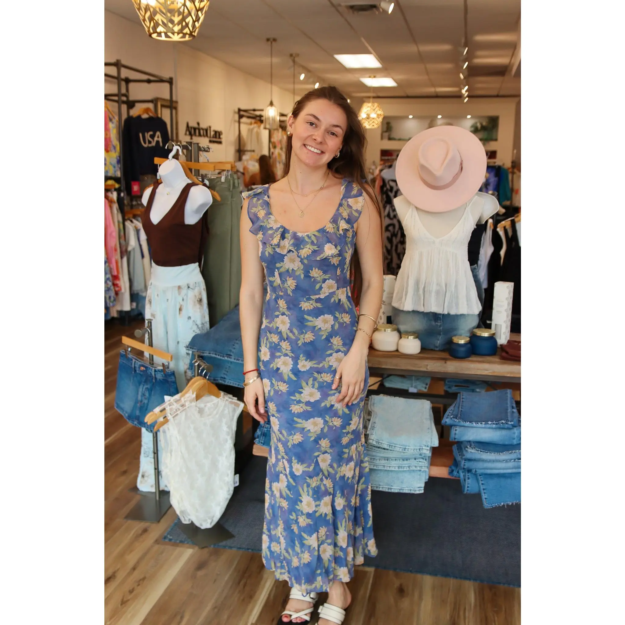 ASTR THE LABEL “CAROLETTA” RUFFLE NECK MAXI DRESS