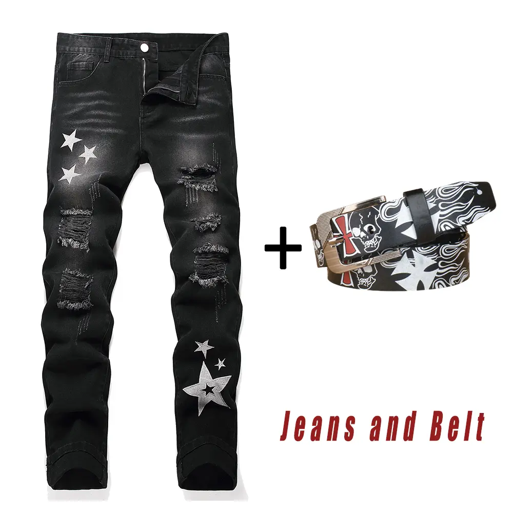 Men's Y2K Distressed Star Embroidery Jeans with Skull Print Belt, Slim Fit Streetwear Denim Pants, Black Wash Casual stylish Trousers Menswear Stretch