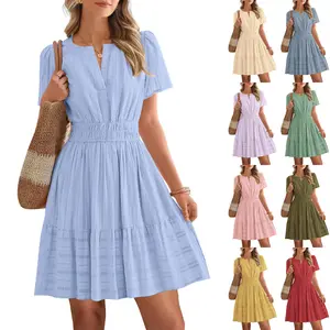 Lady Women's 2026 Sports Dress - V-neck, Ruched Puff Short Sleeve, Flared Design, Casual Wear Clothes