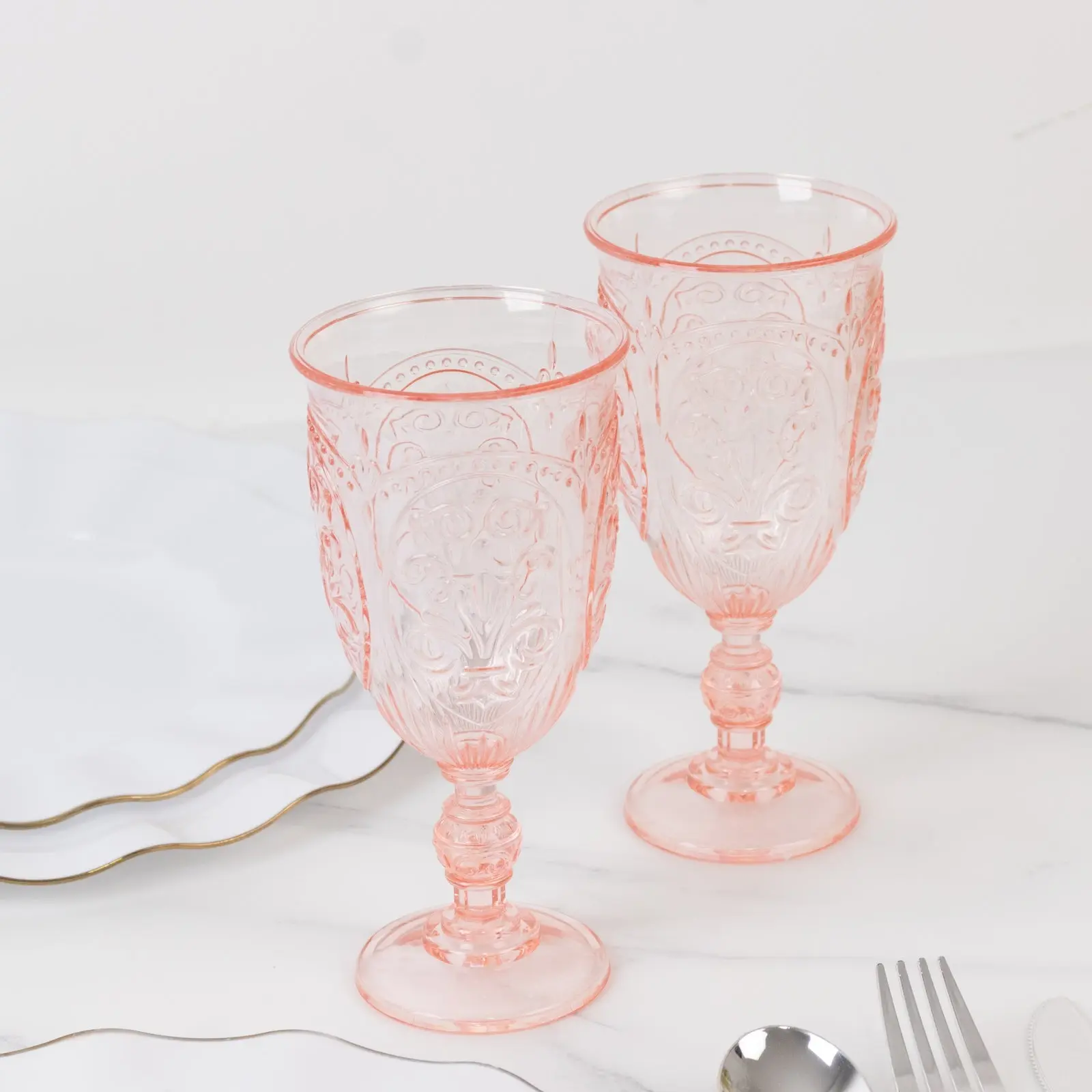 24-Pack Plastic Vintage Goblets - 10oz Transparent Blush Pink Retro Embossed Drinkware, 7in Tall Elegant Cups for Wine, Water, Juice, Banquets, Home Dinners