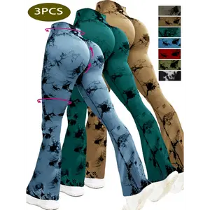3pcs High-Waist Tie-Dye Flared Yoga Pants for Women - Stretchy & Supportive Wide Leg Running Sports Leggings, Non-See-Through, Knit Fabric, Available in Red, Olive Green, Blue-Green Camouflage Patterns