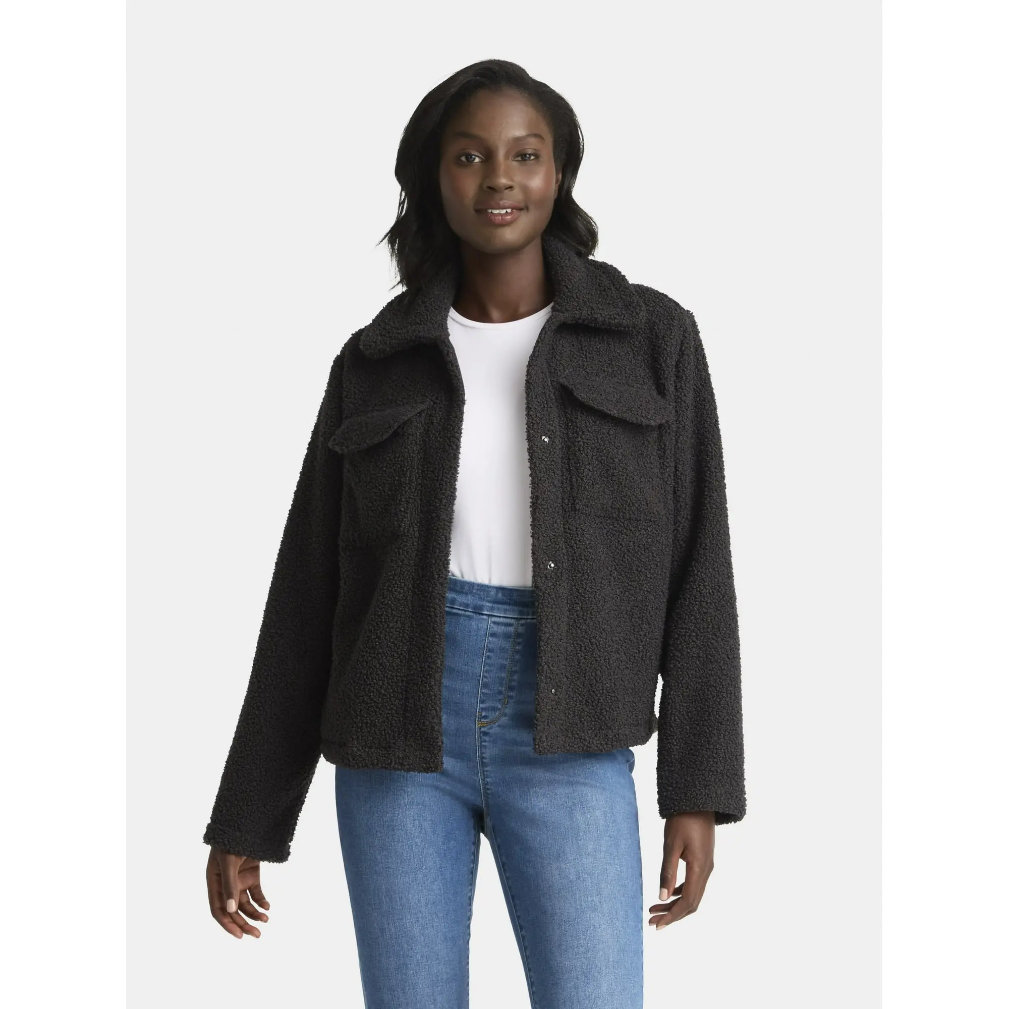 Time and Tru Women's Boucle Trucker Jacket – Midweight Casual Textured Coat, Soft Knit Button Down Outerwear for Fall Winter, Sizes XS-2X