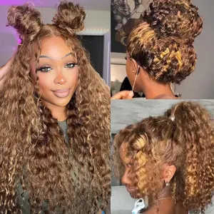 30 Inch Highlight Ombre 360 Deep Wave Lace Front Wigs Human Hair Pre Plucked with Drawstring 4/27 Honey Blonde Wig Human Hair 180 Density Curly Full Lace Frontal Wigs 360 Glueless Wig