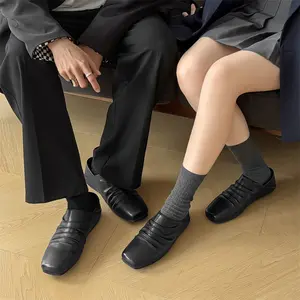 Men's  Mules Wrinkled Leather Square Toe Flat Shoes Unisex Couple Style Loafers