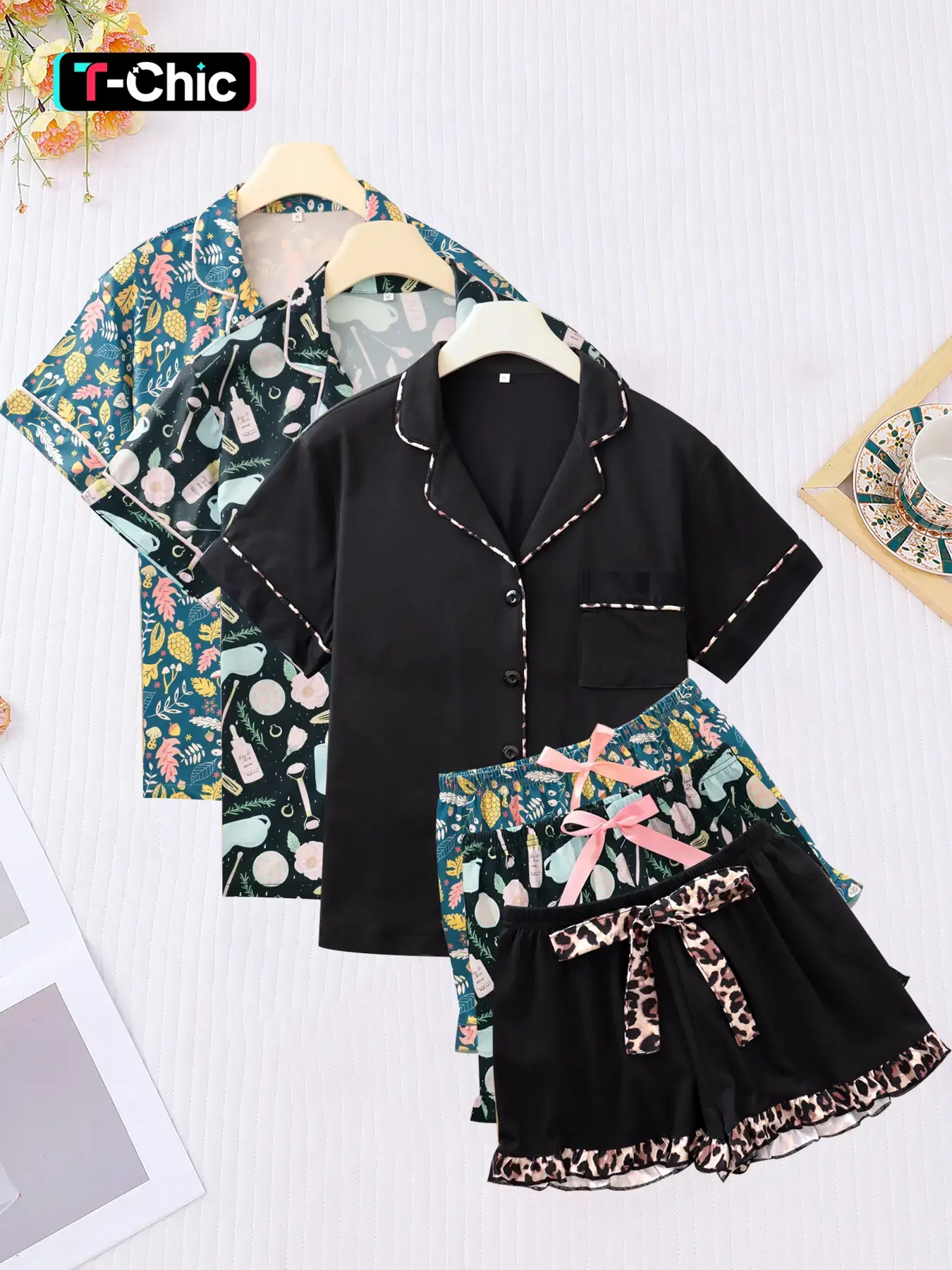 6-piece combination women's full body digital printed pajamas set, Fitted short sleeved shorts suitable for all seasons, pocket collar butterfly pants, home wear, Loungewear, Nightwear, Pjs, Summer