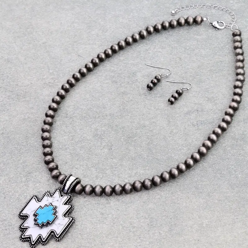 Aztec Pendant Necklace 20"L with Lobster Claw Closure & Extending Hooks Available in 2 Colors Pink & Blue Design Casual Jewelry