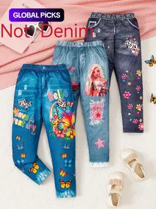 Girls' 3-Pack Stretchy Denim-Look Pants, Butterfly, Cartoon Girls, Cars & Floral Prints, Easy Pull-On Waistband, Great for Outdoor Bike Riding, Perfect Princess Gift