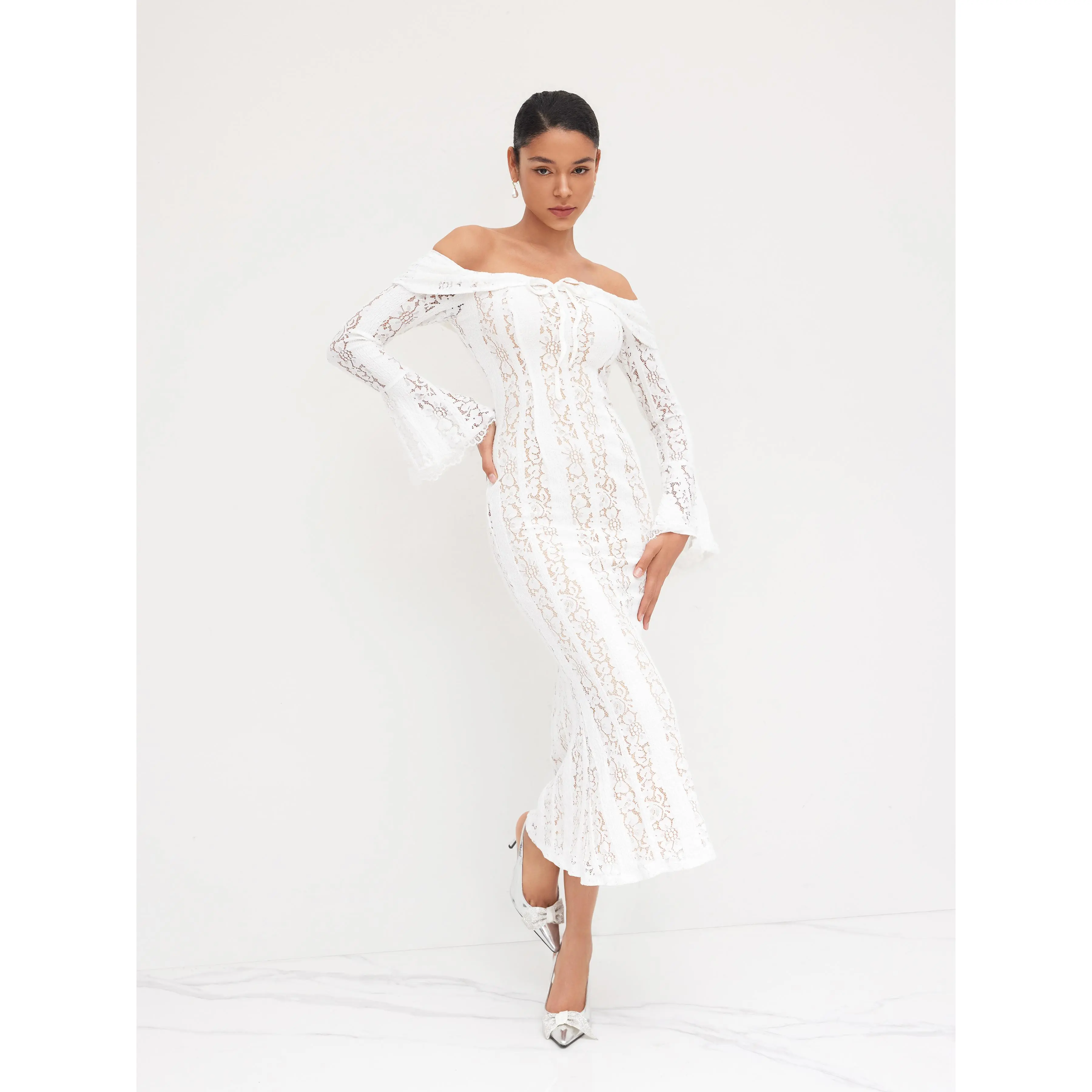 Cider Lace Off-shoulder Floral Knotted Maxi Dress SohoChic
