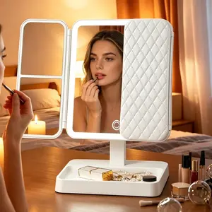 LED Tri-Fold Makeup Mirror Rechargeable 3 Color Lights Touch Dimmable 1/2/X Magnification,180°/270° Rotating Vanity Mirror Foldable Portable Lightweight Vanity Mirror for Travel