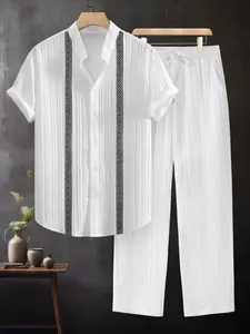 Men's Summer 2-Piece Set, Textured Stand Collar Button Short Sleeve Shirt + Drawstring Sport Pants, Casual Fashion, Beach Vacation & Daily Wear