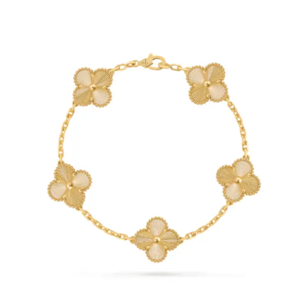 Pre-owned Van Cleef & Arpels Vintage Alhambra Bracelet 5 Alhambra Motifs, Guilloché 18K Yellow Gold, Full Set