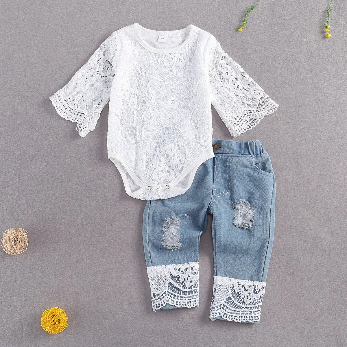 Baby Girls' 2-Piece Clothing Set - Hollow-Out Lace Long Sleeve Button Romper and Ripped Patchwork Cotton Blend Jeans, Original Set, Baby Items, Gifts, Infant, Casual, Two-Pieces