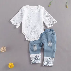 Baby Girls Summer Clothes Set Lace Hollow Out Long Sleeve Romper + Ripped Patchwork Jeans Infant Cute 2Pcs Outfits
