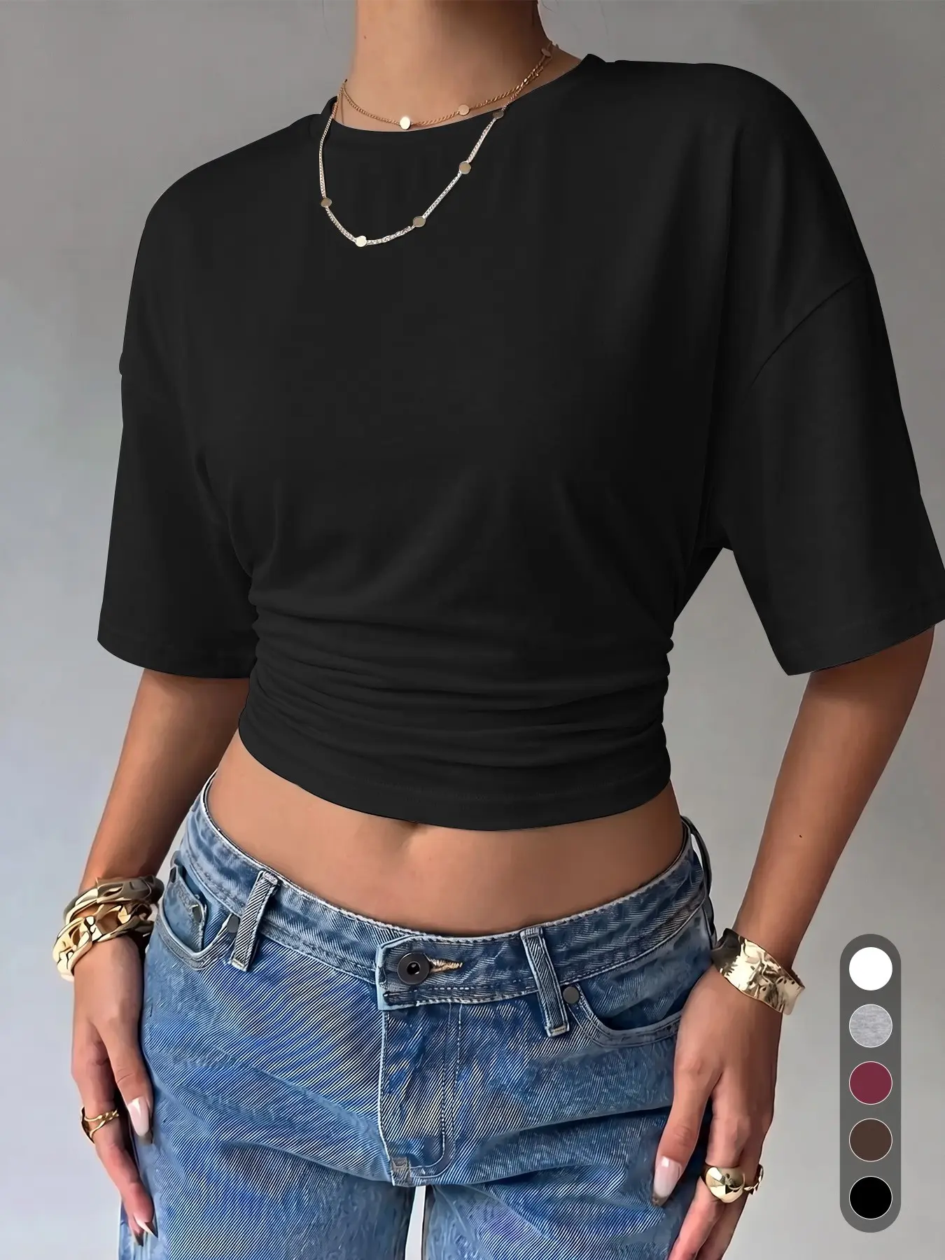 Women's summer ruched cropped crop top with round neck, exposed midriff, fitted waist, Waisted, ideal for going out, stylish and casual, loose fit, basic Short T-shirt for loungewear