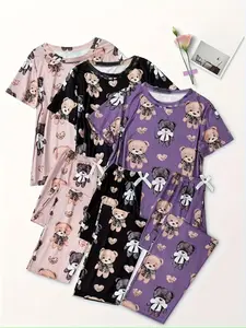 3-Piece Bear Heart Print Short Sleeve Pajama Set, Fitted Casual Sleepwear Loungewear, All-Seasons Home, Comfortable Long Pants