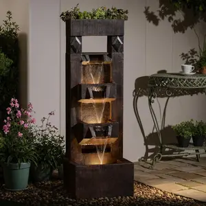 Modern 4-Tier Floor Standing Outdoor Water Fountain - 40.9" H Garden Fountain Outdoor with LED Lights and Adjust Pump for Garden/Patio/Yard and Home Art Outdoor Decor (Brown)