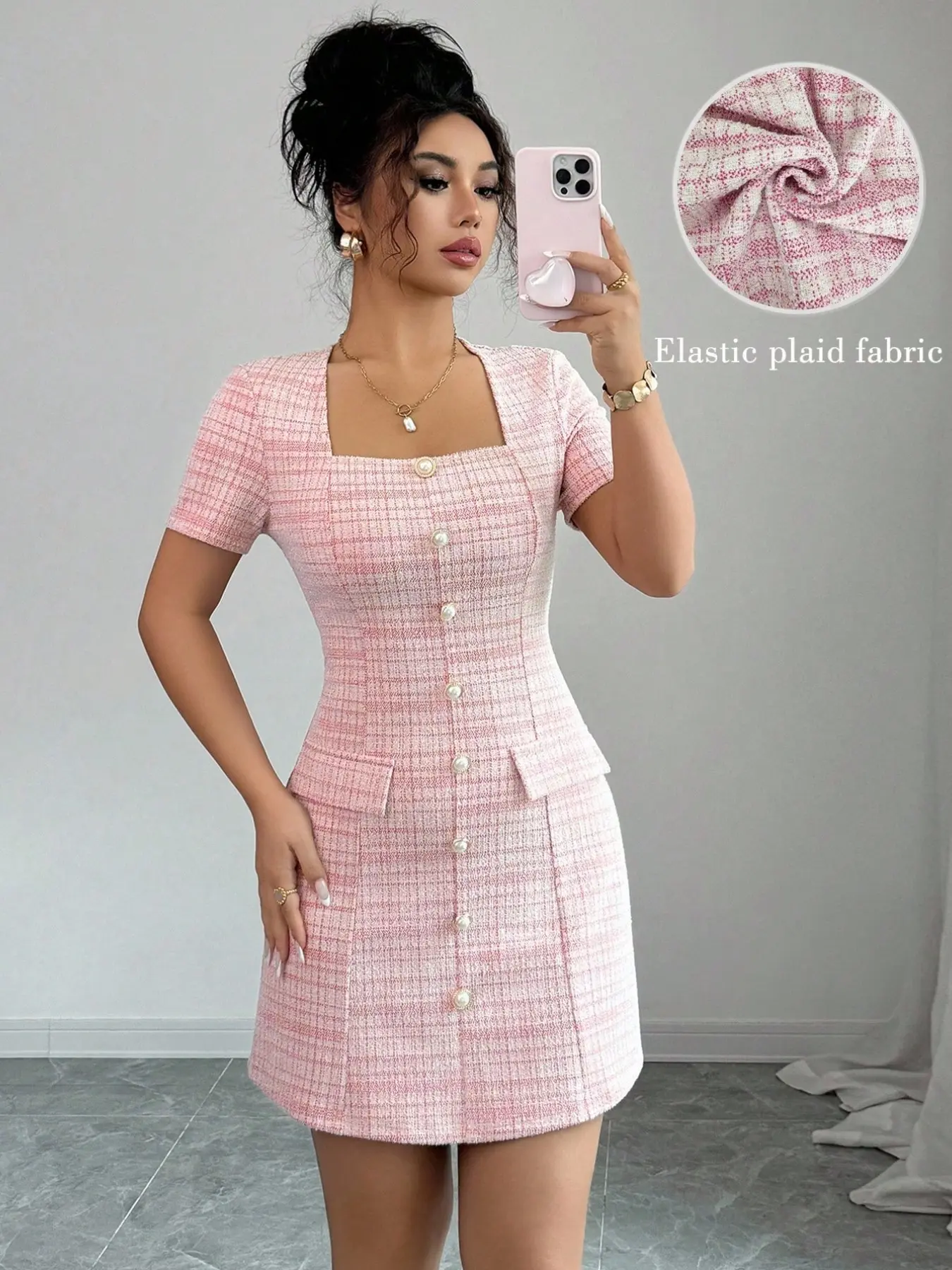 Women's Elegant Gingham Tweed Dress, 2026 New Cotton-Linen Look, Square Neck Pearl Button, Short Sleeve, Casual Chic Office Party Wear, Summer Fashion, Elegance