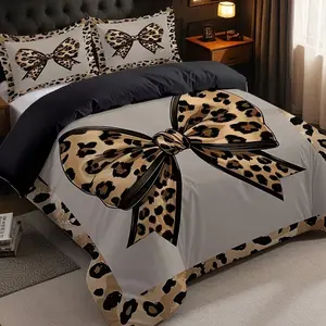 3pcs Bow Leopard Print Bedding Set, Soft Comfortable Breathable, Bedroom Hotel Dorm Use, Holiday Gift