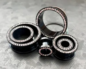 PAIR of Stunning CZ Gem Rimmed Screw Fit Black PVD Steel Tunnels - Gauges 10g (3mm) thru 1" (25mm)