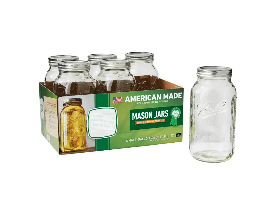 American Made 64oz Wide Mouth Glass Mason Jars with Lids & Bands 6-Pack Storage Set Half Gallon Capacity for Kitchen Organization