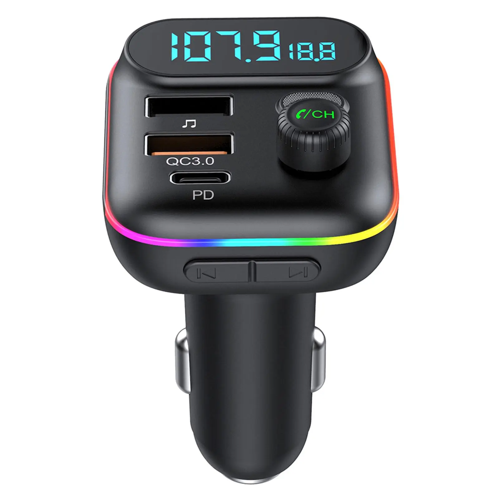 1pc Automotive Charger and Bluetooth FM Transmitter with Hands-Free Calling, ABS MP3 Player with Colorful Ambient Light, 18W PD USB C Port, Car Fast Charger Usb C, 18W Fast Charger