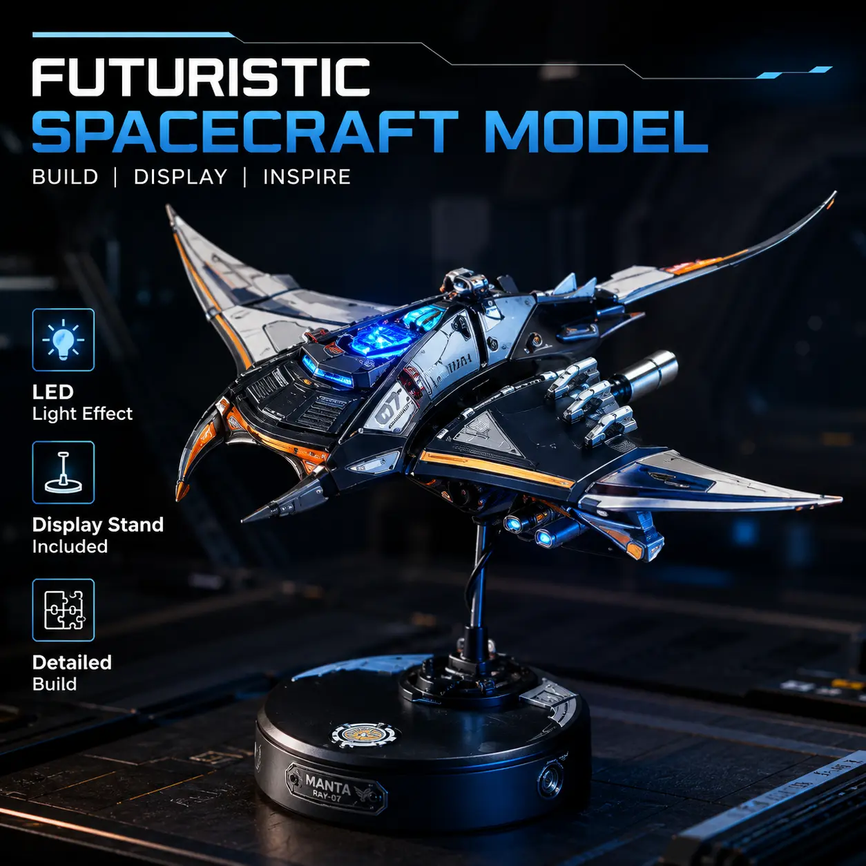 【ROKR】Mechanical Manta Ray 3D Model Puzzle MI06 - STEM Building Kit with LED Lights, Dual-Wing Biomimetic Flapping, Adult Desk Decor, Graduation Gift