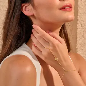 Tewiky Dainty 14K Gold Plated Ring Hand Chain Bracelet - Trendy 14K Gold Plated Bead Satellite Cross CZ Hand Link Chain Bracelets for Women Simple Jewelry Gift For Valentine's Day gifts