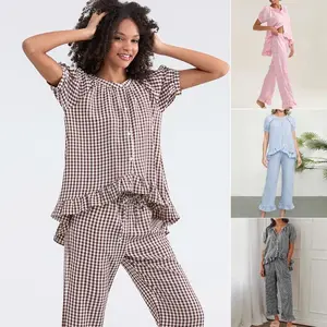 Women's Pajama Set, Short Sleeve Plaid Print Button Up Shirt & Ruffle Pants Set Sleepwear Loungewear, Ladies Set for Indoor Outdoor Wear, Ladies Clothes for Daily Wear, Casual SetGift