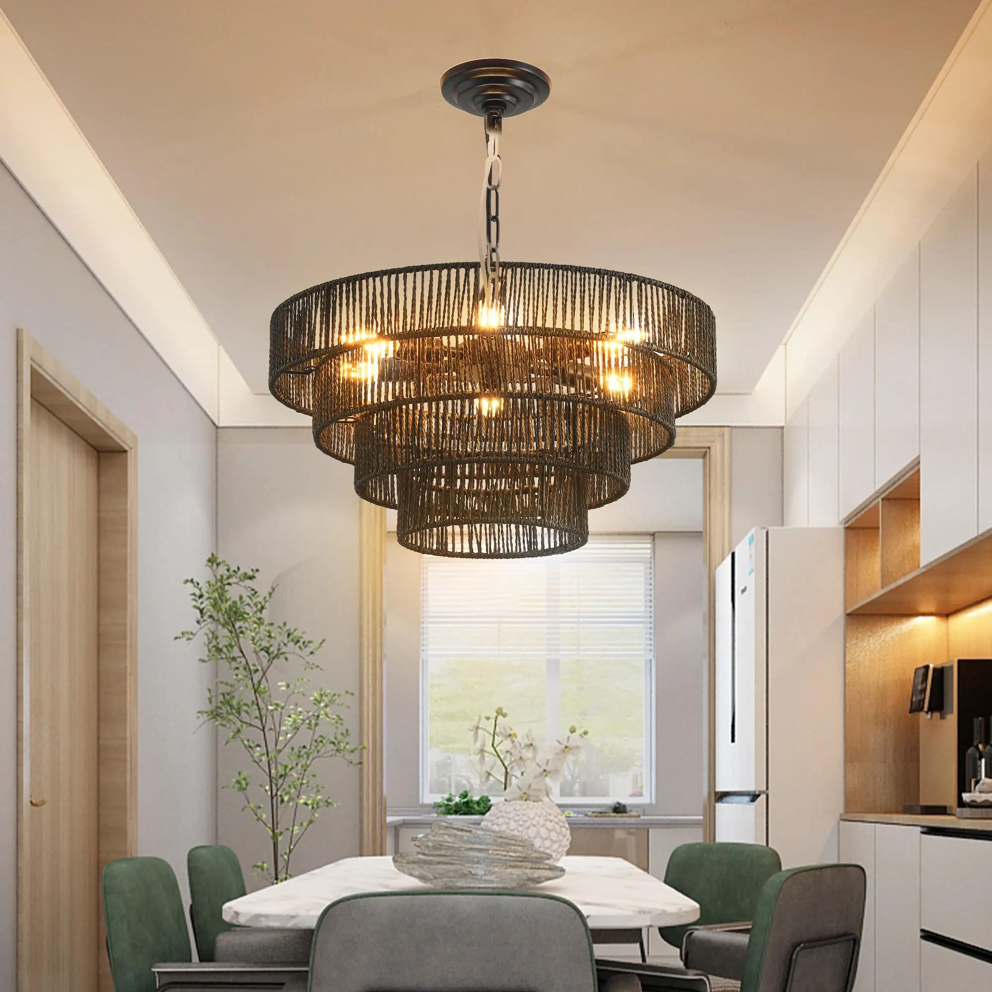 Black multi-tier circular chandelier with a sturdy metal frame and handwoven paper rope shade, adjustable chain, industrial rustic layered hanging ceiling light