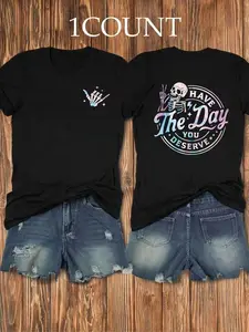 Women's Skeleton & Letter Print Round Neck Tee, Fashion Casual Crew Neck Short Sleeve T-shirt for Daily Holiday Vacation Outdoor Wear, Ladies Clothes for Summer, Summer Tops, Womenswear, Graphic Tees Women